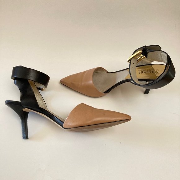 Michael KORS JULIETA Black Tan Leather Wide Ankle Strap Pointed Toe Slingback 8M - Picture 7 of 16